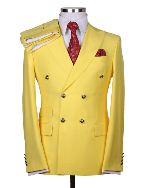 Mens Designer Double Breasted Wool Suit with Gold Buttons in Yellow