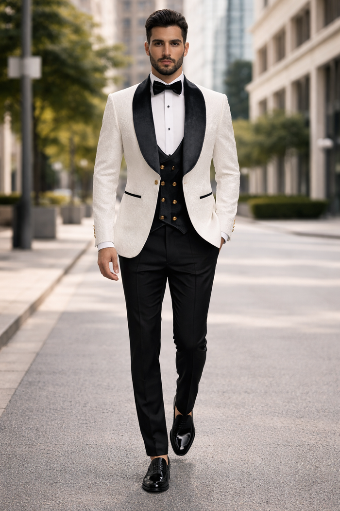 York Slim Fit Tuxedo Suit ( White & Black )
