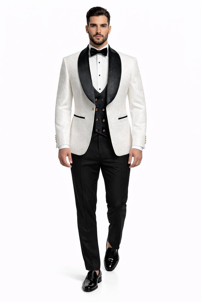 York Slim Fit Tuxedo Suit ( White & Black )