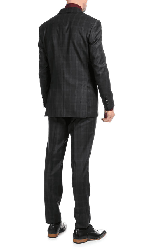 Yves Black  Plaid Check Men'S Premium 2PC Premium Wool Slim Fit Suit