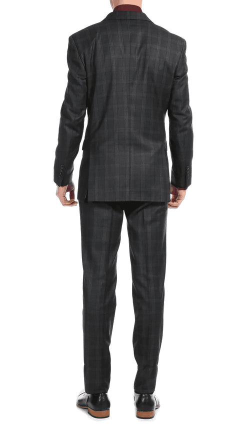 Yves Black  Plaid Check Men'S Premium 2PC Premium Wool Slim Fit Suit