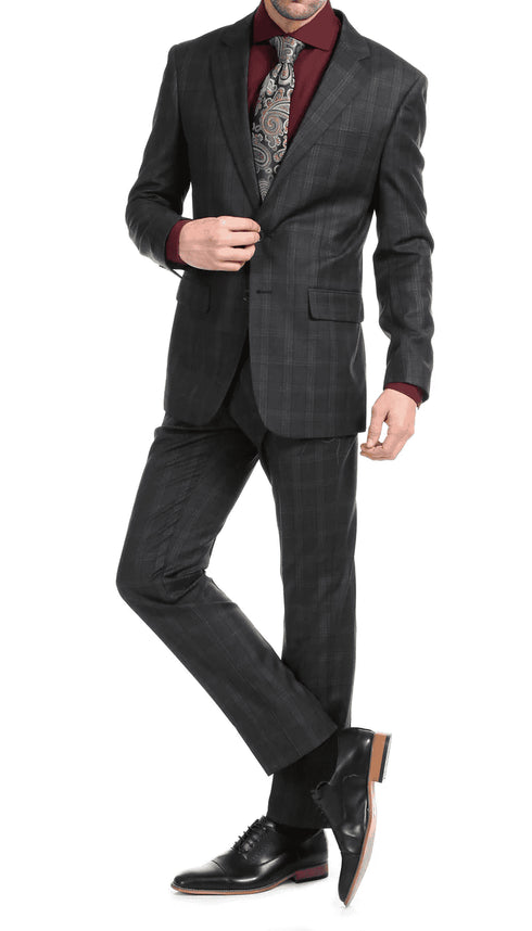 Yves Black  Plaid Check Men'S Premium 2PC Premium Wool Slim Fit Suit