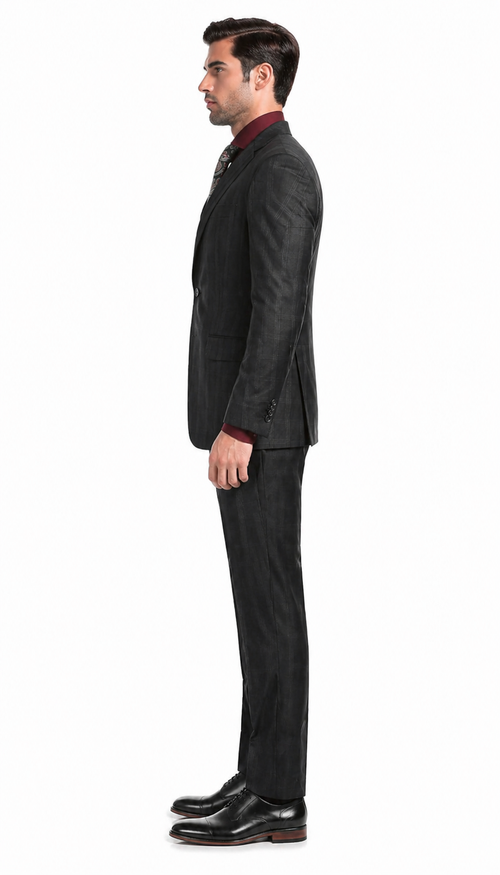 Yves Black  Plaid Check Men'S Premium 2PC Premium Wool Slim Fit Suit
