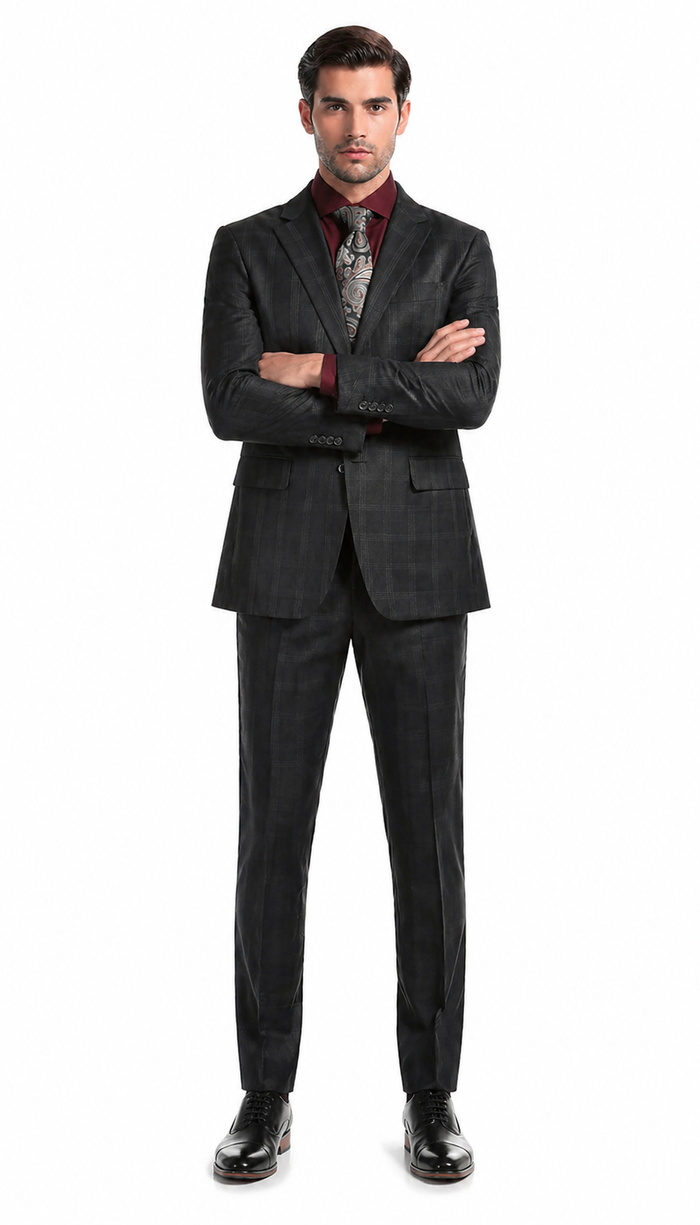 Yves Black  Plaid Check Men'S Premium 2PC Premium Wool Slim Fit Suit