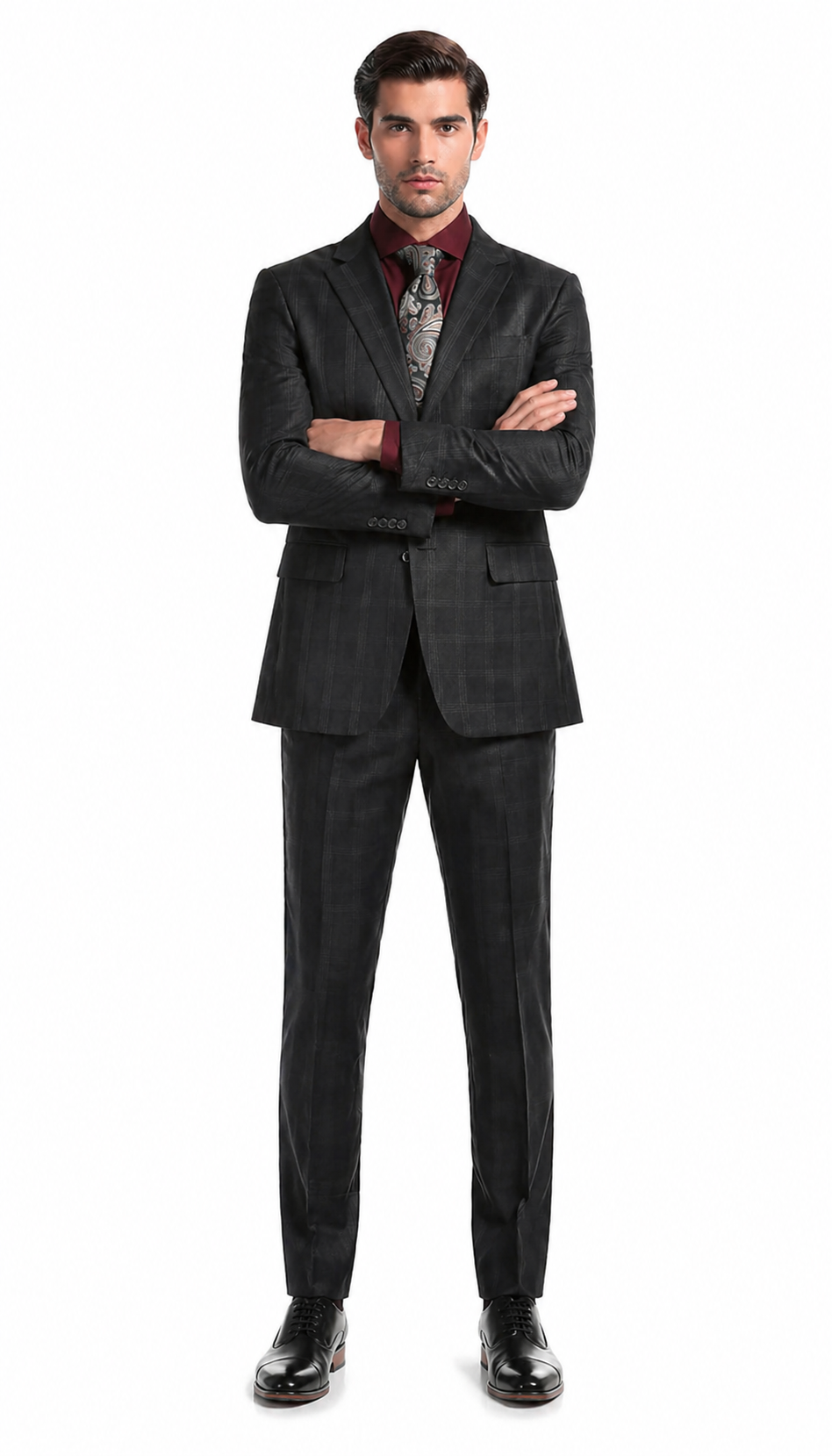 Yves Black  Plaid Check Men'S Premium 2PC Premium Wool Slim Fit Suit