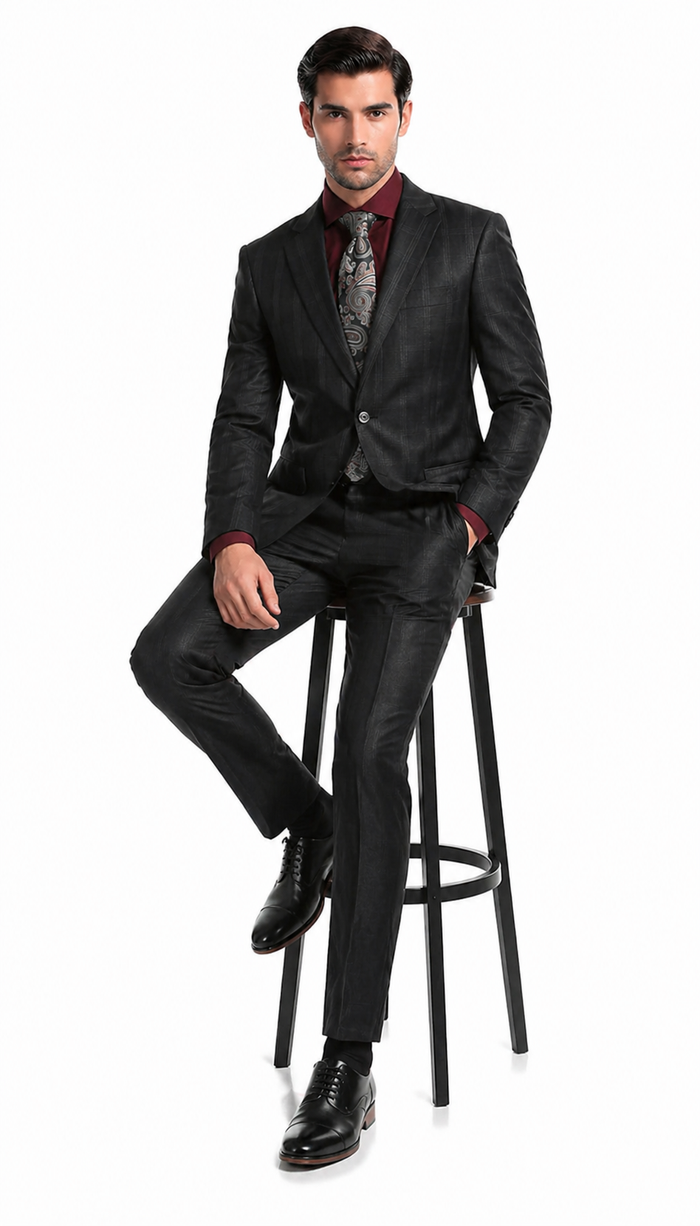 Yves Black  Plaid Check Men'S Premium 2PC Premium Wool Slim Fit Suit