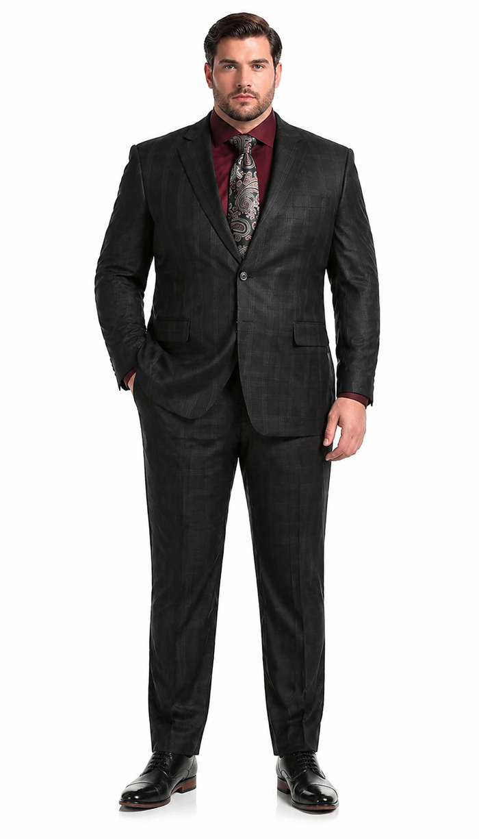 Yves Black  Plaid Check Men'S Premium 2PC Premium Wool Slim Fit Suit