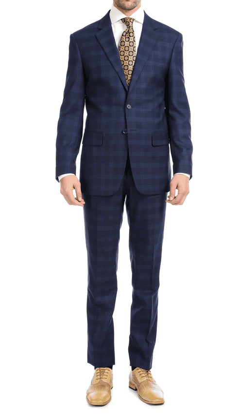 Yves Blue  Plaid Check Men'S Premium 2PC Premium Wool Slim Fit Suit