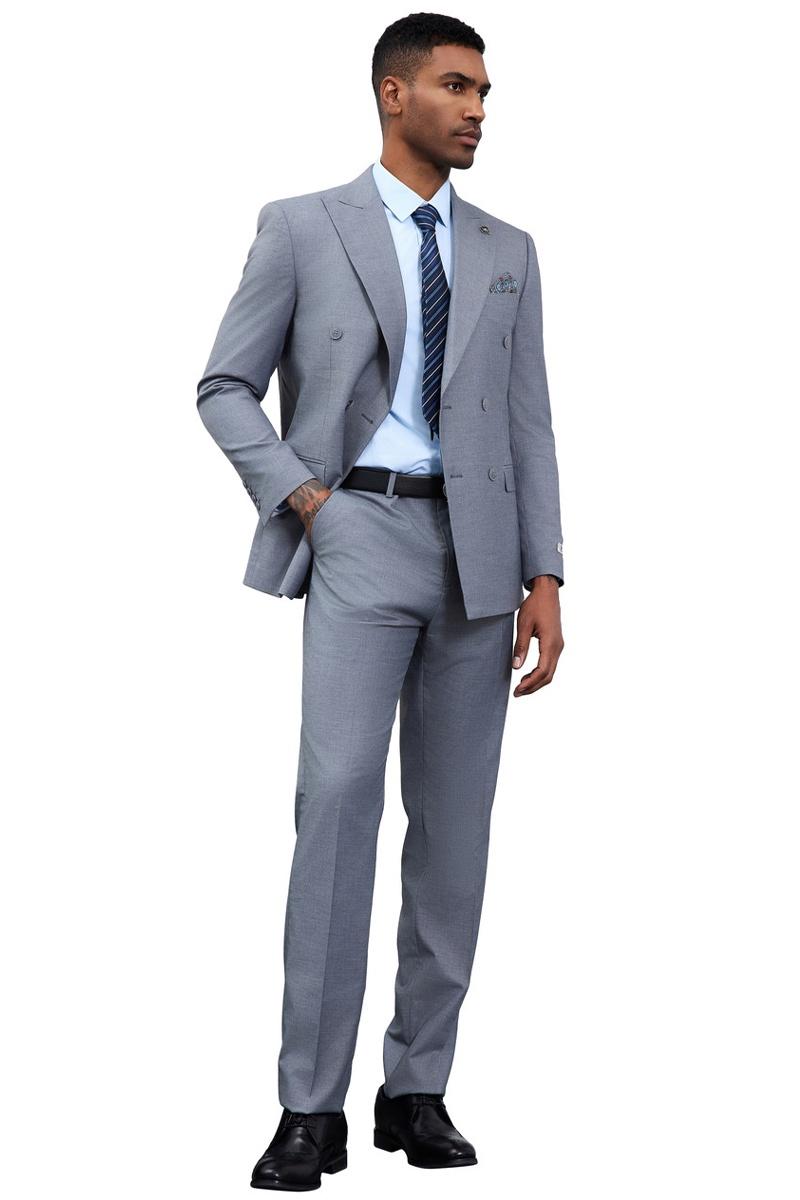 Stacy Adams grey double-breasted suit: tailored fit, structured shoulders, slim silhouette. Lightweight fabric, peak lapels, flat-front trousers. Light grey color, paired with light blue shirt and striped tie.
