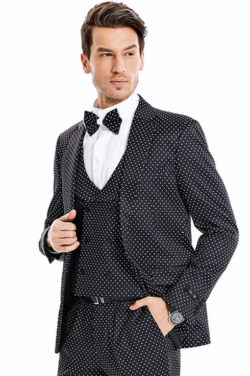 "Men's Black & White Mini Polka Dot Prom 2025 Suit - One Button Vested"