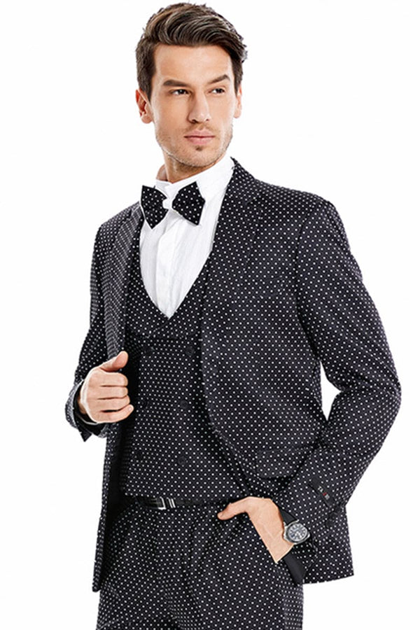 "Men's Black & White Mini Polka Dot Prom 2025 Suit - One Button Vested"