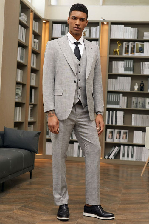 Mens Stacy Adams Suit-Stacy Adam's Suit Men's Grey Windowpane Plaid Suit - One Button, Peak Lapel, Vested