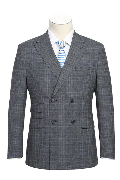 Men's English Laundry slim-fit, double-breasted suit in light grey with windowpane plaid (blue lines). Tailored shape, structured silhouette. Features: wide lapels, two rows of buttons, side pockets. Worn with white shirt and blue/white striped tie.

