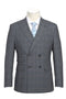 Men's English Laundry slim-fit, double-breasted suit in light grey with windowpane plaid (blue lines). Tailored shape, structured silhouette. Features: wide lapels, two rows of buttons, side pockets. Worn with white shirt and blue/white striped tie.
