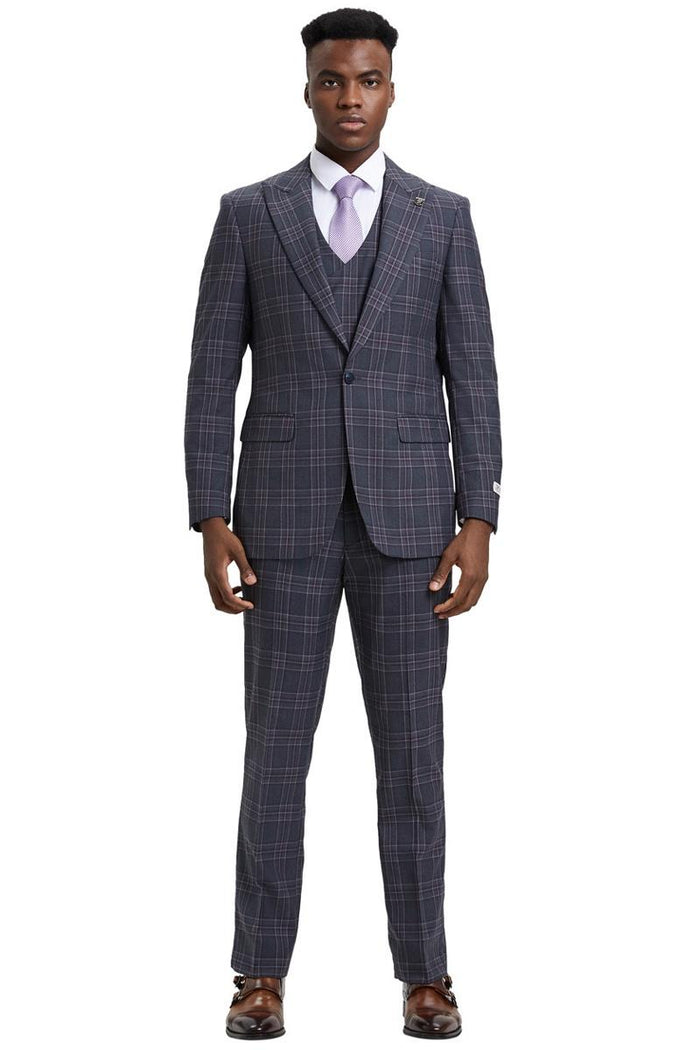 Men's Stacy Adams one-button peak lapel double-breasted vest suit in charcoal grey plaid features a tailored fit, a vibrant plaid pattern in shades of grey with subtle hints of maroon and white, and matching trousers.
