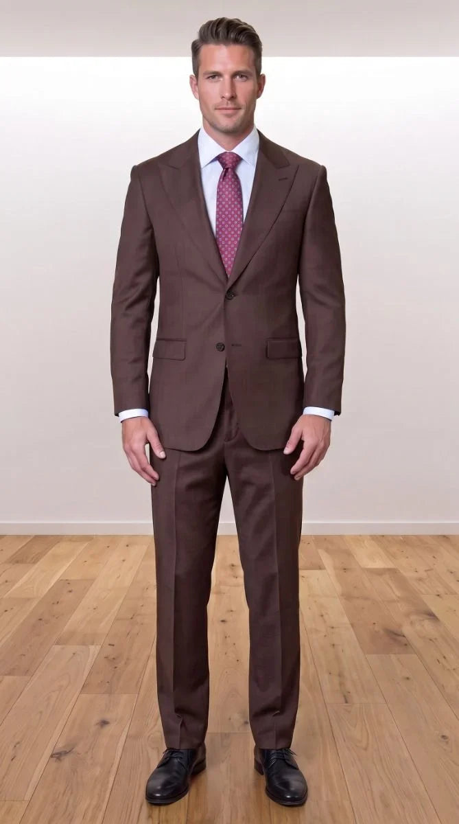 Statement Men's Modern Fit 2 Piece 100% Super 200 Wool Suit Peak Lapel in Brown - image 1