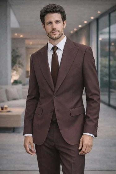 Statement Men’s Brown 2 Piece Wool Suit, Modern Fit Formal Wedding Business Suit with Pic Stitching