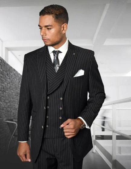 Statement Men’s Black Pinstripe 3 Piece Wool Suit, Fashion Formal Wedding Business Dress Suit