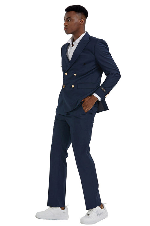"Navy  Men's Slim Fit Double Breasted Wedding Suit with Gold Buttons"