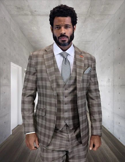 Statement Men’s 3-Piece 100% Wool Modern Fit Suit – Sharp Plaid Pattern