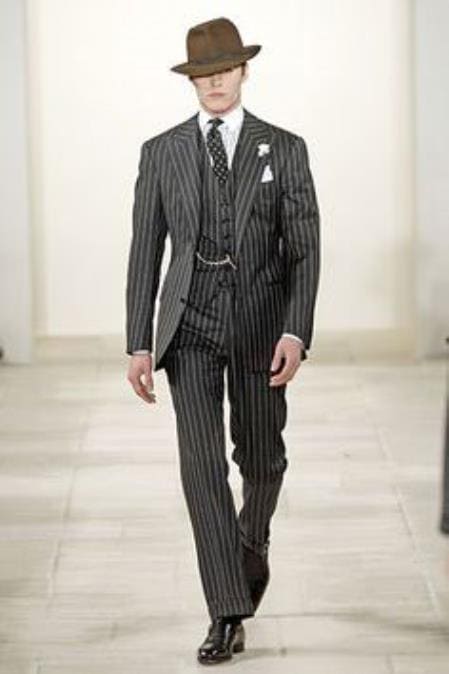 2 Button Black And Bold Chalk Gangster White Stripe Suit - AlbertoNardoniStore