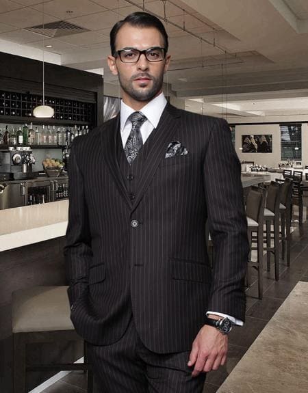 2 Button Jet Black -White Pinstripe Suit - AlbertoNardoniStore