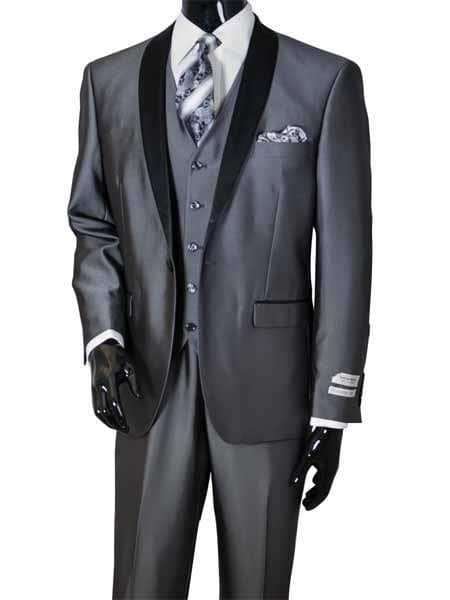 3 Piece Metal Gray Vested - 2 Toned Sharkskin Suit - AlbertoNardoniStore