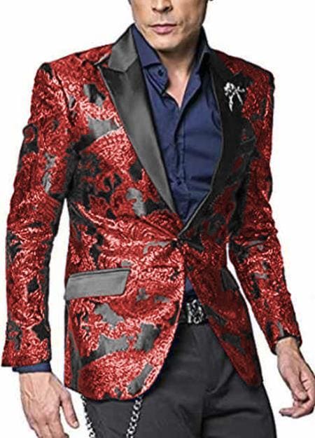 Alberto Nardoni Shiny Hot Red Tuxedo Dinner Blazer Jacket Sport Coat Paisley Floral Pattern Mix Two Toned - AlbertoNardoniStore