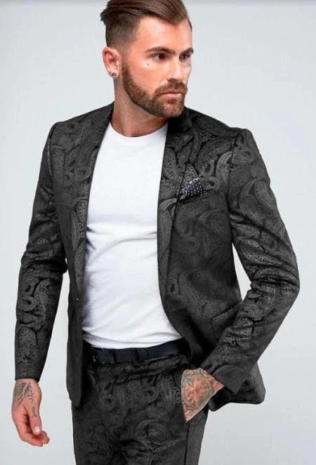 Black Floral Tuxedo - All Black Floral Suit - AlbertoNardoniStore