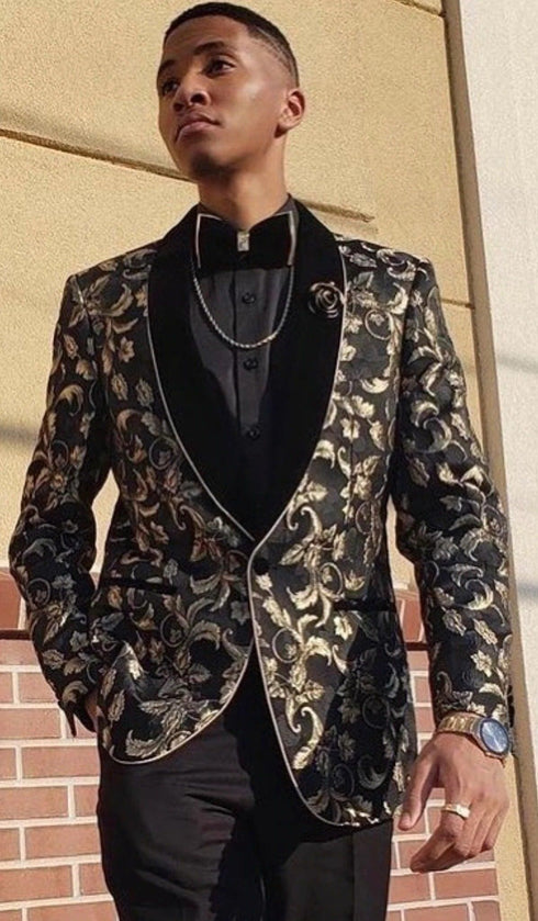 Black Floral Tuxedo - All Black Floral Suit - AlbertoNardoniStore