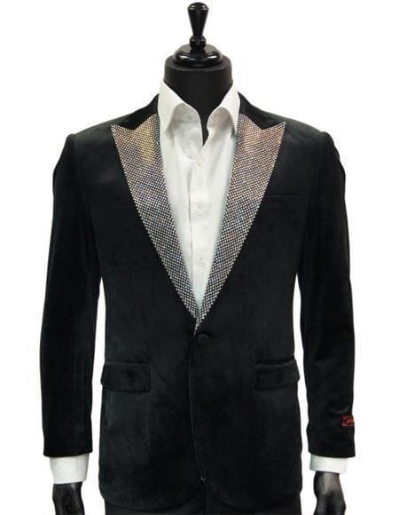 Black Velvet Blazer Tuxedo With Silver Dimond Lapel With Matching Bowtie - AlbertoNardoniStore