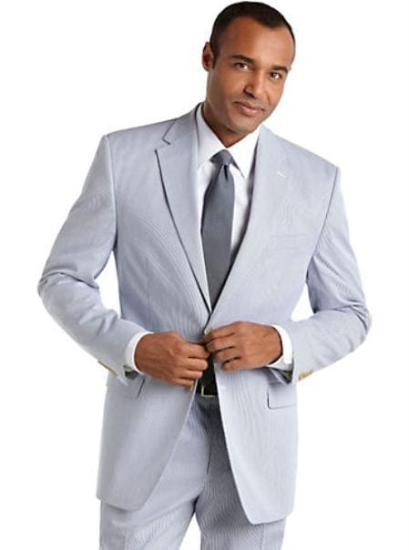 Mens Vested Summer Seersucker Suit in Blue Pinstripe, Blue / 52 Long