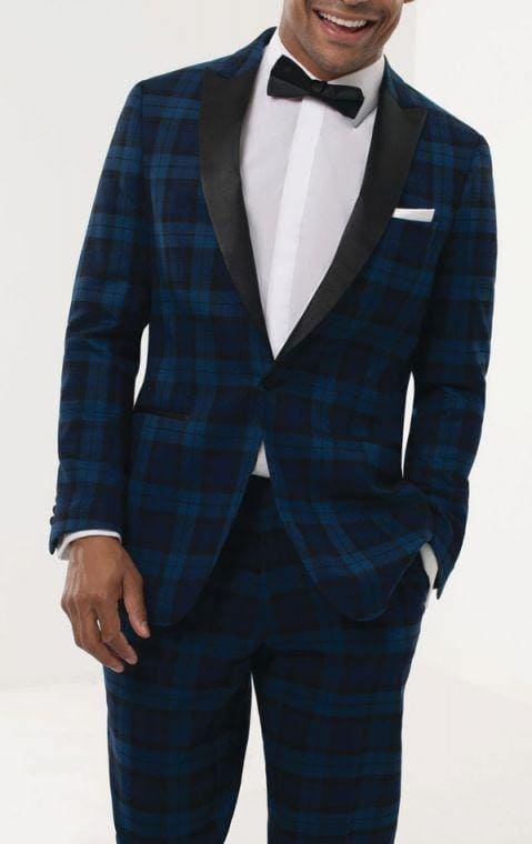 Blue Tartan Tuxedo with Contrast Peak Lapel - AlbertoNardoniStore