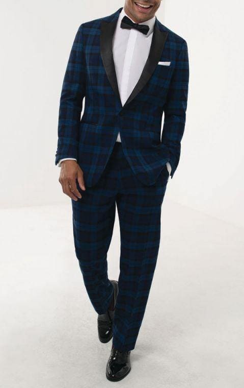 Blue Tartan Tuxedo with Contrast Peak Lapel - AlbertoNardoniStore