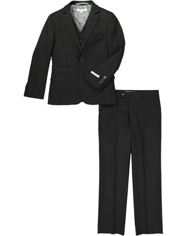 Boys Vested 2 Button Birdseye Suit in Black - AlbertoNardoniStore