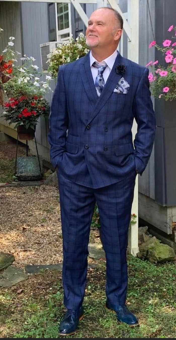 Double Breasted Slim Fit Suit - Indigo Blue Plaid Suit - Saphire Color - AlbertoNardoniStore