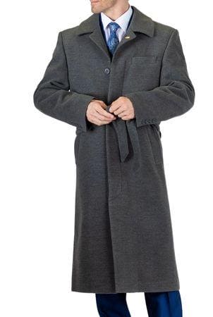 Topcoat - Manzini Mens Black Fur Collar Wool Overcoat Belted