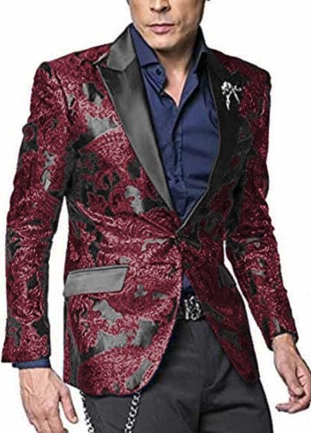 Floral Pattern Mix Two Toned Burgundy ~ Maroon ~ Wine Shiny Jacket - AlbertoNardoniStore