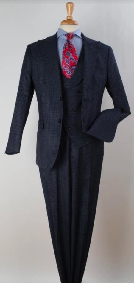 Gray and Black Suit - Blue Houndstooth Vested Suit - Checkered Patterned 100% Wool Suit - AlbertoNardoniStore