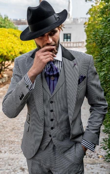 Gray and Black Suit - Mens Peak Lapel Ticket Pocket Suit Black And White - AlbertoNardoniStore