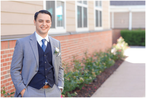 Grey Suit Navy Jacket Pants and Vest + White Shirt - AlbertoNardoniStore