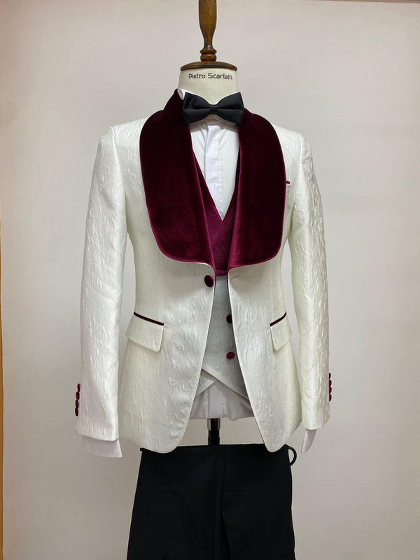 Ivory and Burgundy Tuxedo - Cream Wedding Groom Suit With Vest and Pants - AlbertoNardoniStore