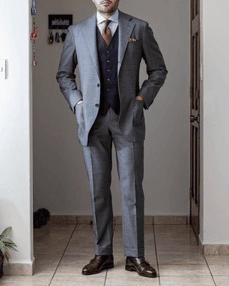 Medium Grey Suit Navy Jacket Pants & Vest + Shirt - AlbertoNardoniStore