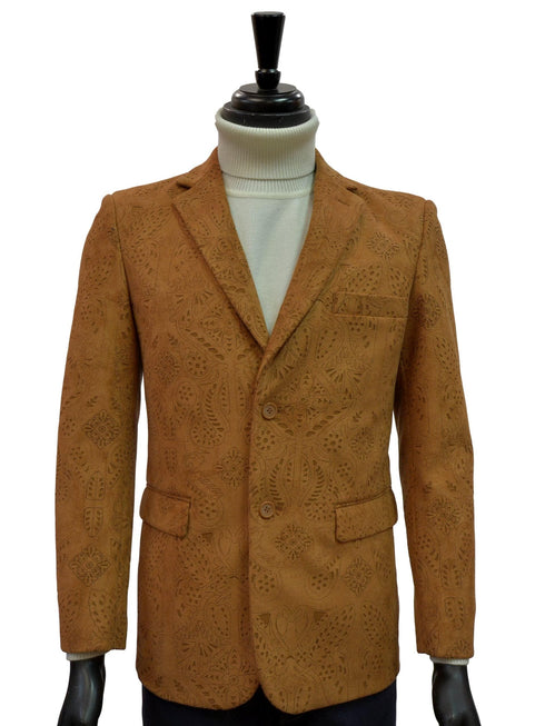 Men Blu Martini Cognac Ultra Micro Faux Suede Laser Cut Pattern Blazer Sportcoat - AlbertoNardoniStore