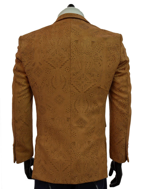 Men Blu Martini Cognac Ultra Micro Faux Suede Laser Cut Pattern Blazer Sportcoat - AlbertoNardoniStore