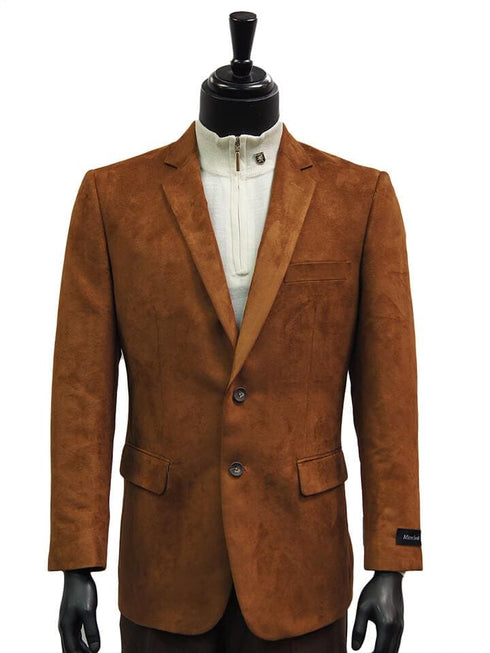 Men Cognac Micro Suede Notch Lapel Two Button Casual Work Blazer - AlbertoNardoniStore