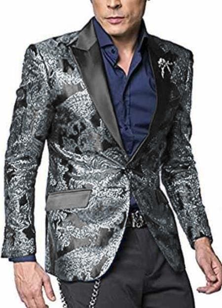 Men's 2 Button Paisley Designed Peak Lapel Grey ~ Gray Silver Black / White Sport Coat Blaz - AlbertoNardoniStore