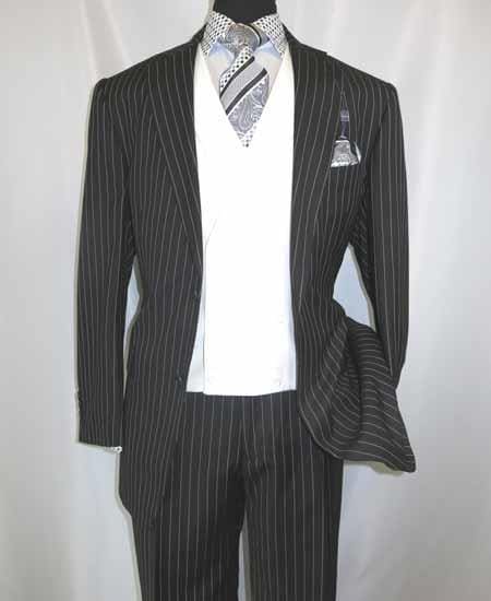 Men's Black 2 Button Chalk Bold Stripe ~ Pinstripe Double Breasted Shawl Suit - AlbertoNardoniStore