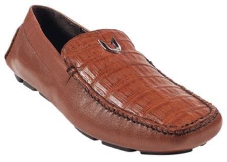 Men's Cognac Genuine Caimen Belly Driver - Mens Light Brown Mens Dress Shoes - AlbertoNardoniStore