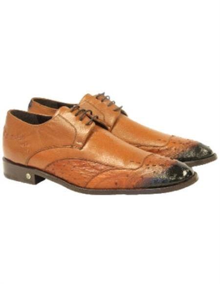 Men's Faded Cognac Handmade Vestigium Genuine Ostrich Derby Shoes - AlbertoNardoniStore